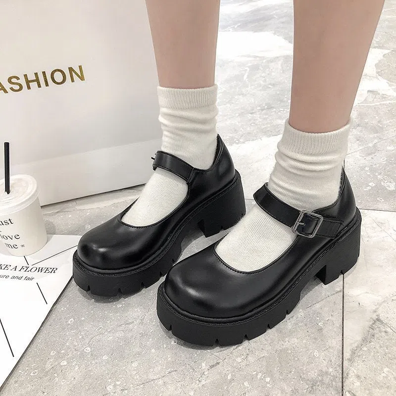 Chunky-heeled thick-soled JK uniform pumps for women with belt buckle in matte black