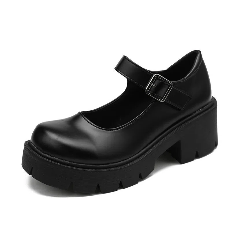 Chunky-heeled thick-soled JK uniform pumps for women with belt buckle in matte black