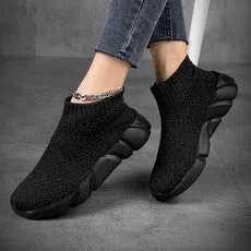 Cold-bonded plus-size sock shoes for women, mesh upper, wedge heel, pointed toe, available in blue, gray, burgundy, black