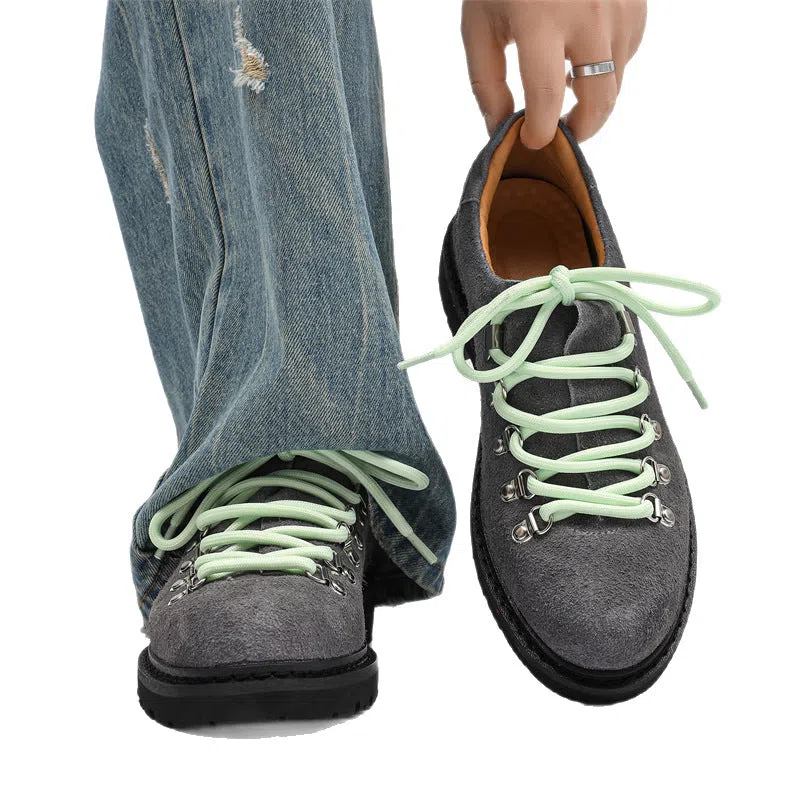 Men's outdoor casual shoes with rubber sole, striped pattern, and round toe in black colour
