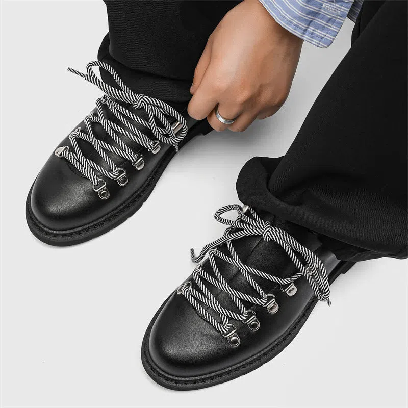 Men's outdoor casual shoes with rubber sole, striped pattern, and round toe in black colour