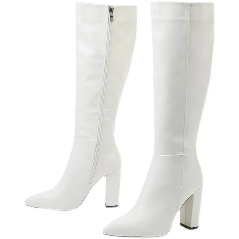 Women's pointed toe boots with side zipper, chunky extra-high heel, PU upper, in black
