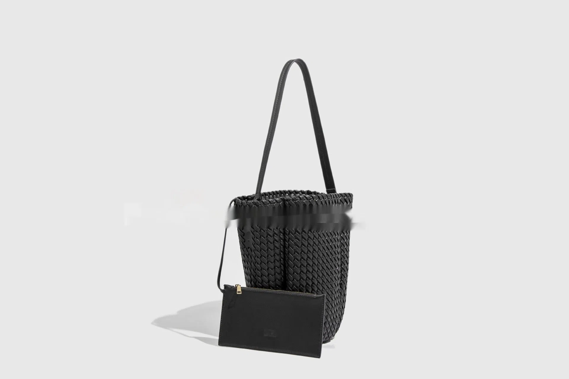 Hand-woven PU bucket bag with detachable wallet in black, cylindrical shape, size 21x13x29.5 cm