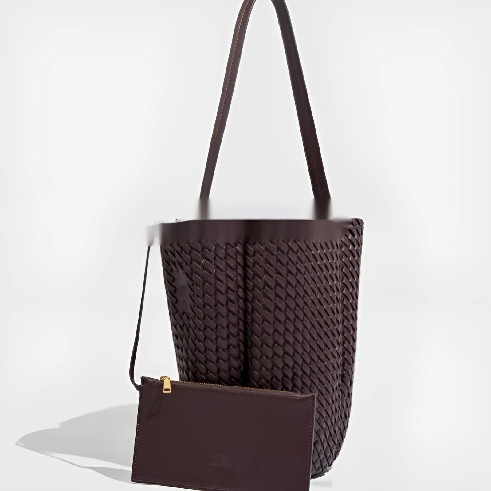 Hand-woven PU bucket bag with detachable wallet in black, cylindrical shape, size 21x13x29.5 cm