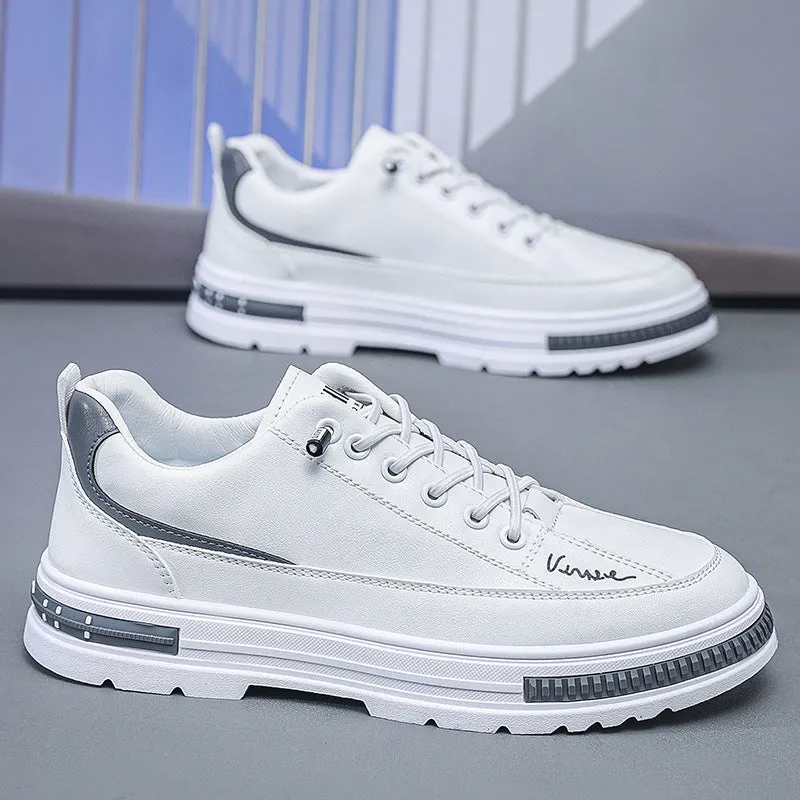 Men's white and black Korean style low-top platform sneakers with elastic band and round toe.