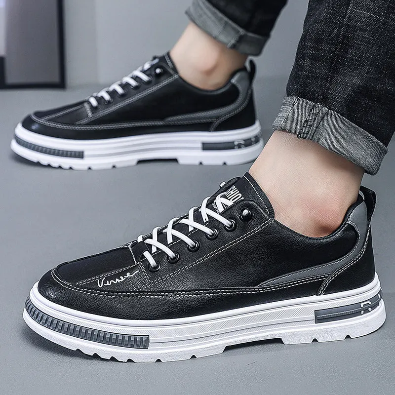 Men's white and black Korean style low-top platform sneakers with elastic band and round toe.