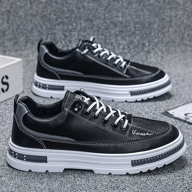 Men's white and black Korean style low-top platform sneakers with elastic band and round toe.
