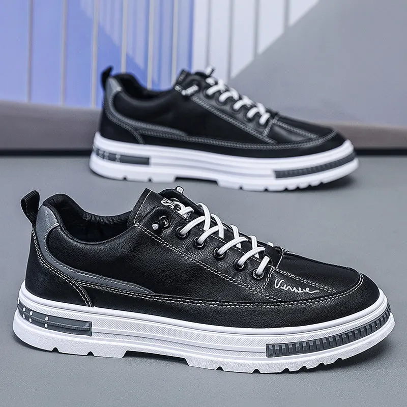 Men's white and black Korean style low-top platform sneakers with elastic band and round toe.