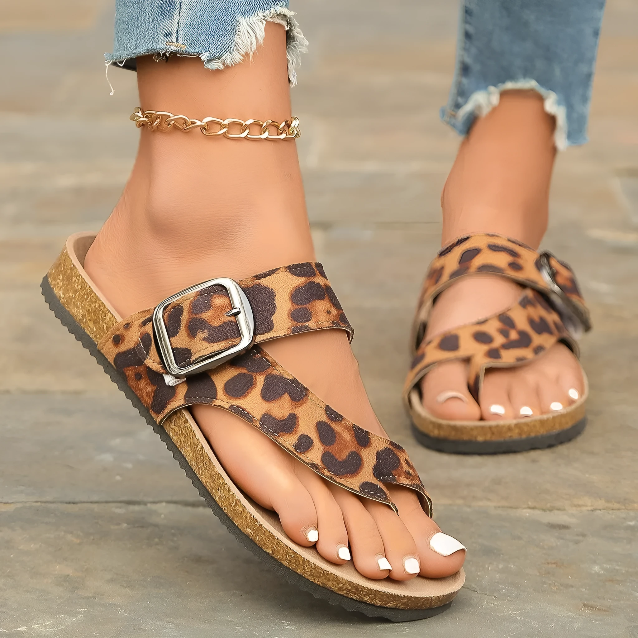 Roman style leopard print slippers with wooden sole and round toe design