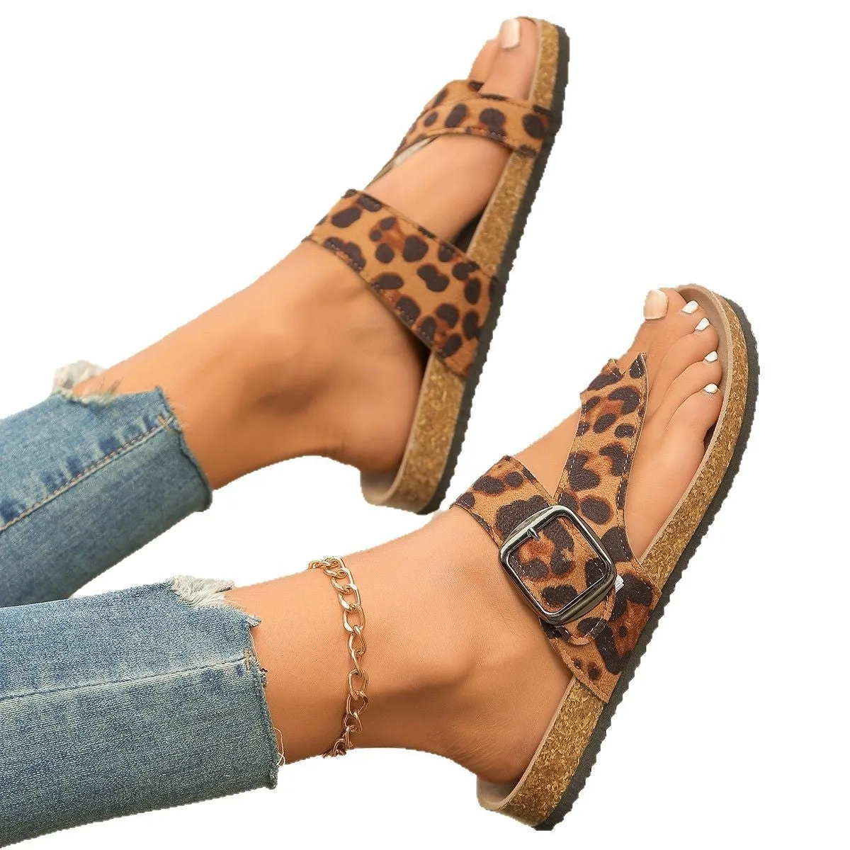 Roman style leopard print slippers with wooden sole and round toe design