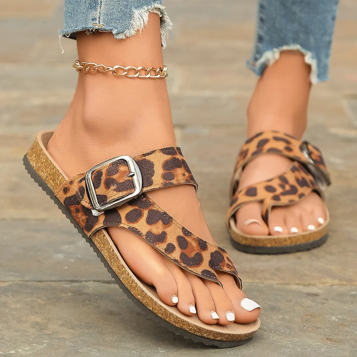 Roman style leopard print slippers with wooden sole and round toe design
