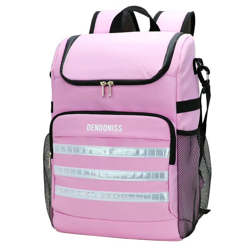 Black cloth backpack with built-in bottle opener showing 20-litre capacity and waterproof insulation