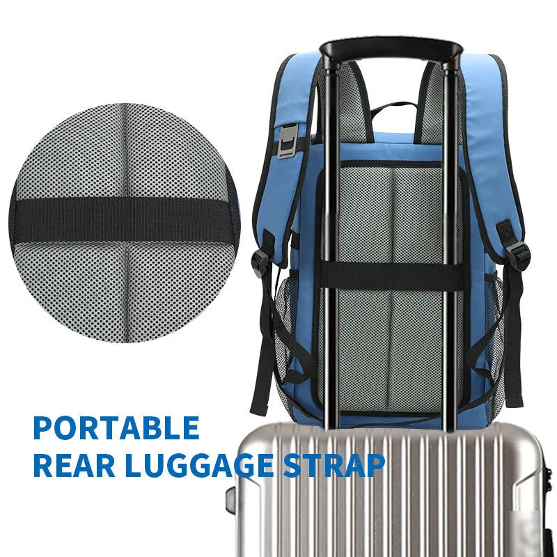 Black cloth backpack with built-in bottle opener showing 20-litre capacity and waterproof insulation