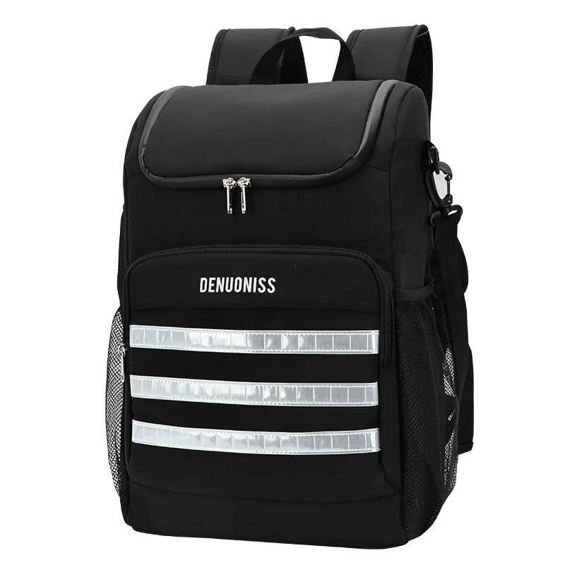 Black cloth backpack with built-in bottle opener showing 20-litre capacity and waterproof insulation