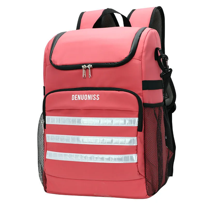 Black cloth backpack with built-in bottle opener showing 20-litre capacity and waterproof insulation