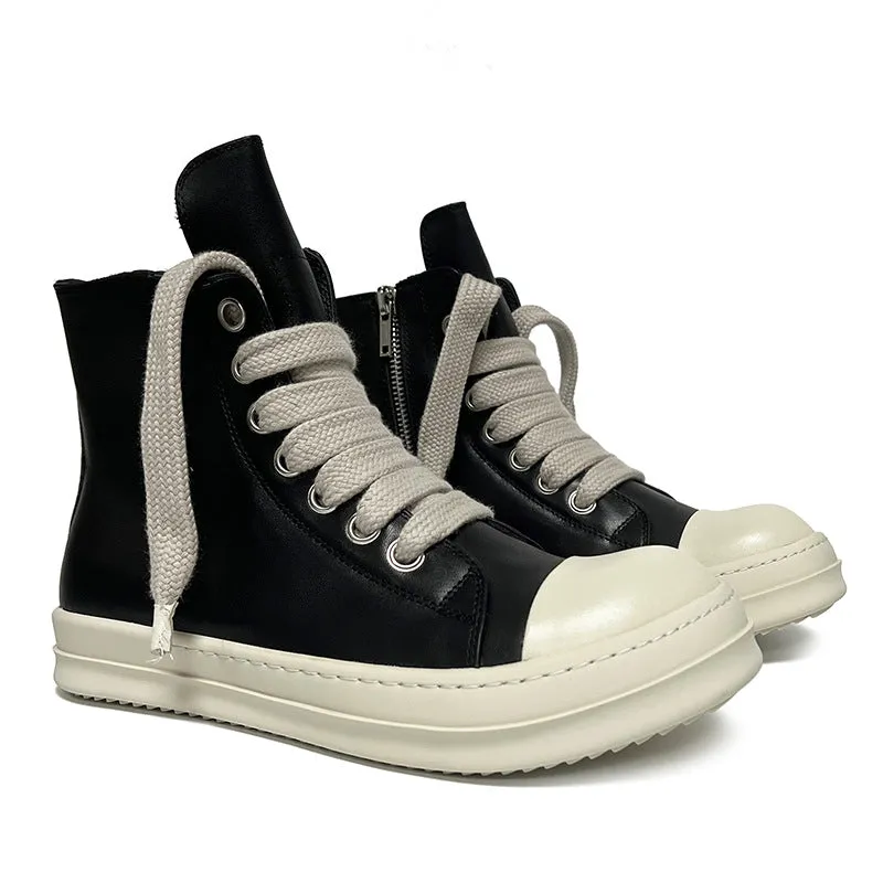 Black leather high-top sneakers with side zipper and round toe on a rubber platform sole