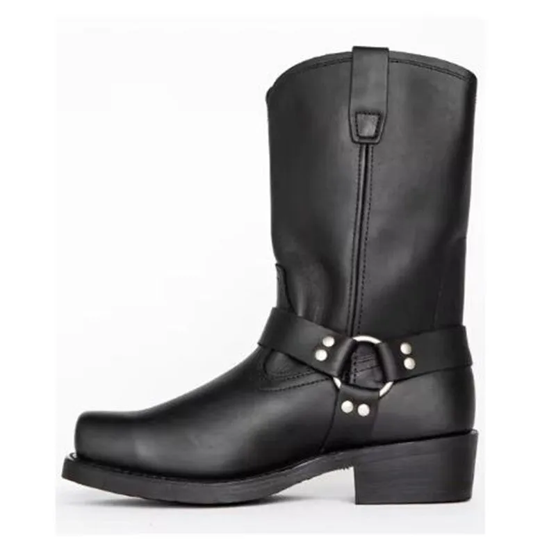 Men's brown vintage cowboy boots with a large silver belt buckle ring detail on the side.