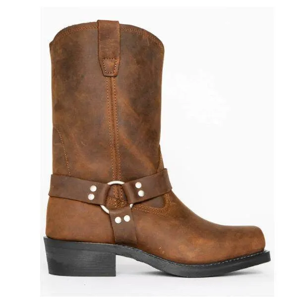 Men's brown vintage cowboy boots with a large silver belt buckle ring detail on the side.