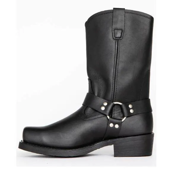 Men's brown vintage cowboy boots with a large silver belt buckle ring detail on the side.