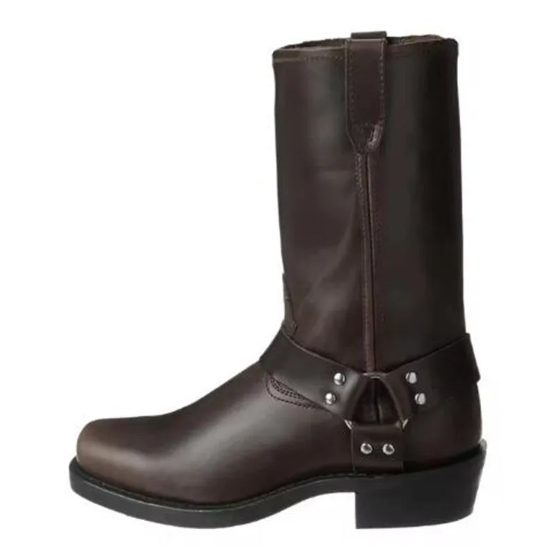 Men's brown vintage cowboy boots with a large silver belt buckle ring detail on the side.
