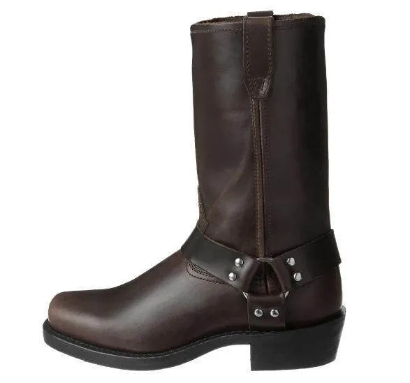 Men's brown vintage cowboy boots with a large silver belt buckle ring detail on the side.