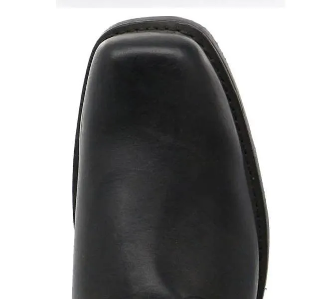 Men's brown vintage cowboy boots with a large silver belt buckle ring detail on the side.