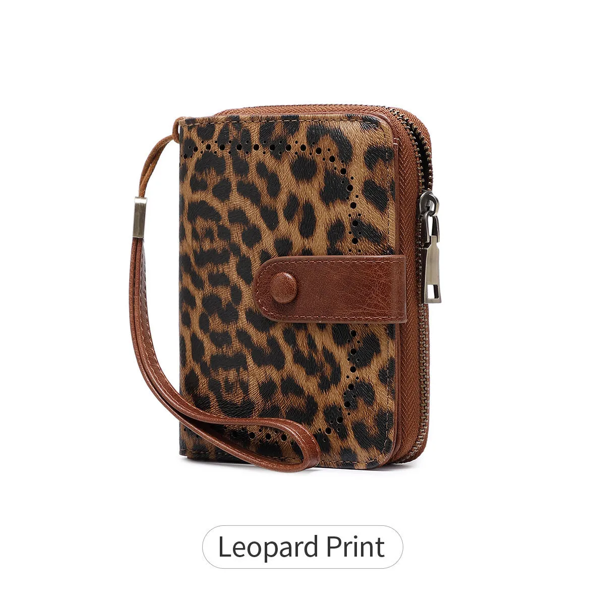 Leopard print small zipper wallet with multiple card slots and coin compartment