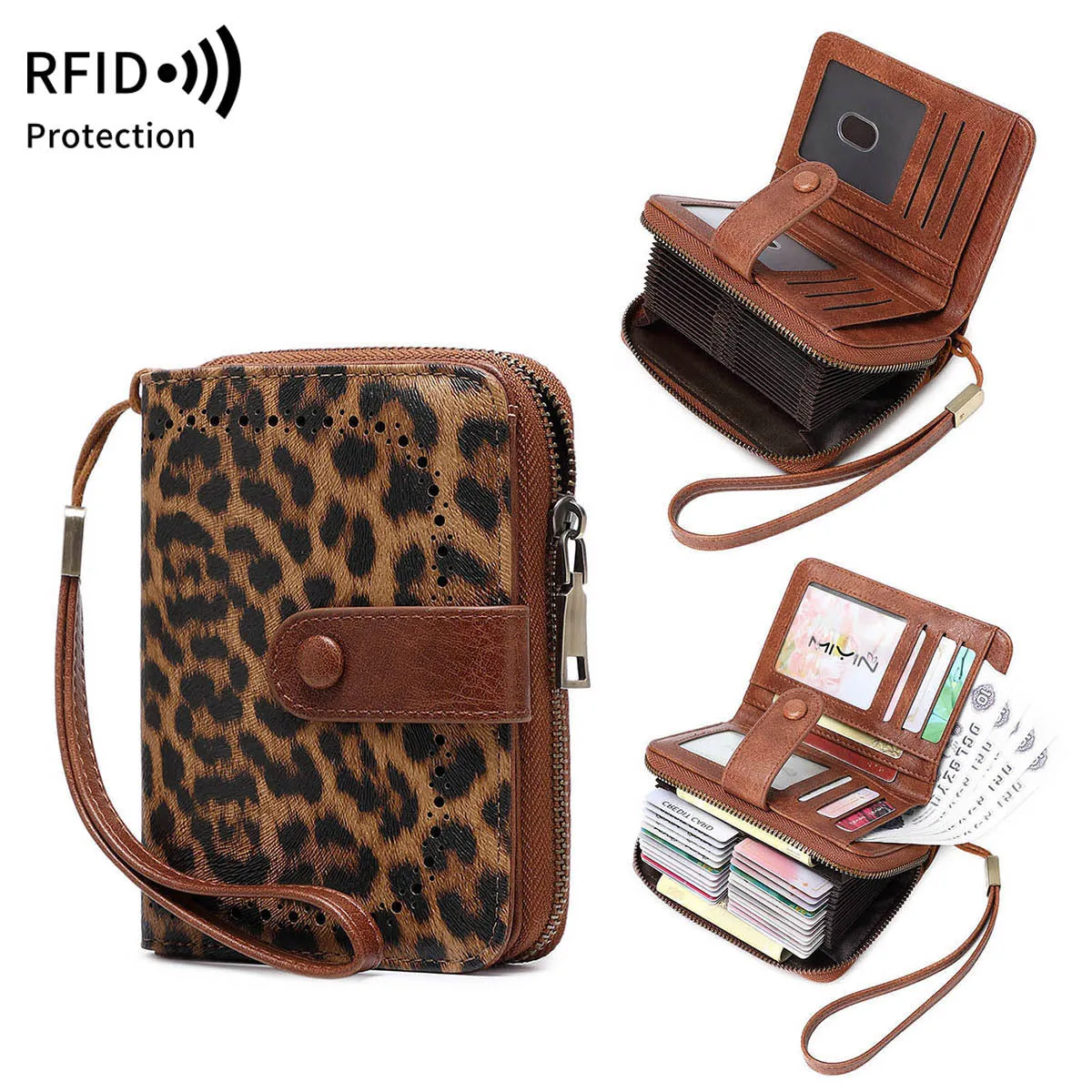 Leopard print small zipper wallet with multiple card slots and coin compartment
