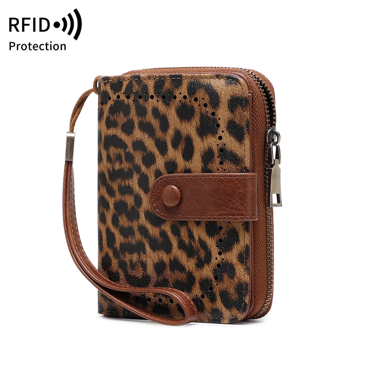 Leopard print small zipper wallet with multiple card slots and coin compartment