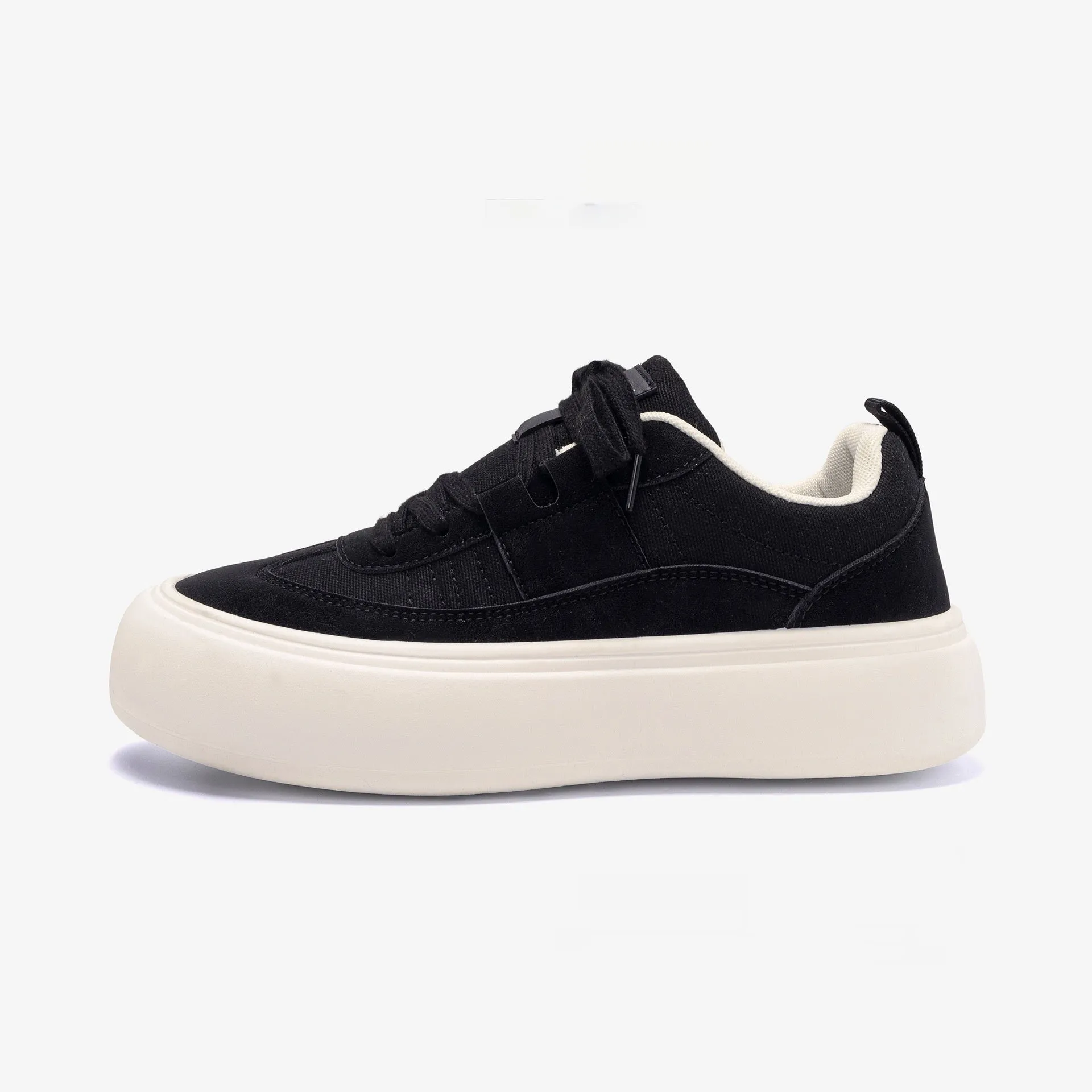 Men's black canvas platform lace-up shoes with a round toe and low-top design on a white background.