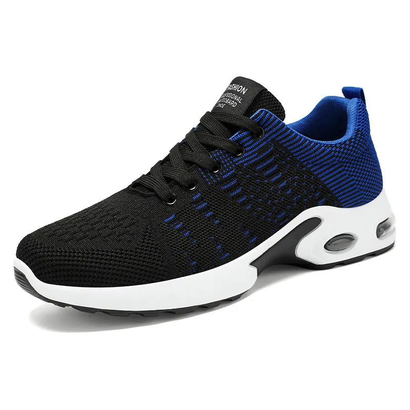 Men's low-top black and gray Flyknit mesh casual sneakers with lace-up front and round toe.