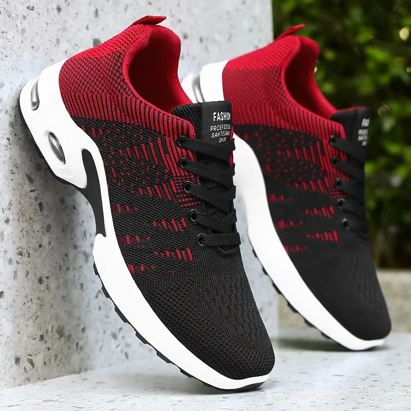 Men's low-top black and gray Flyknit mesh casual sneakers with lace-up front and round toe.
