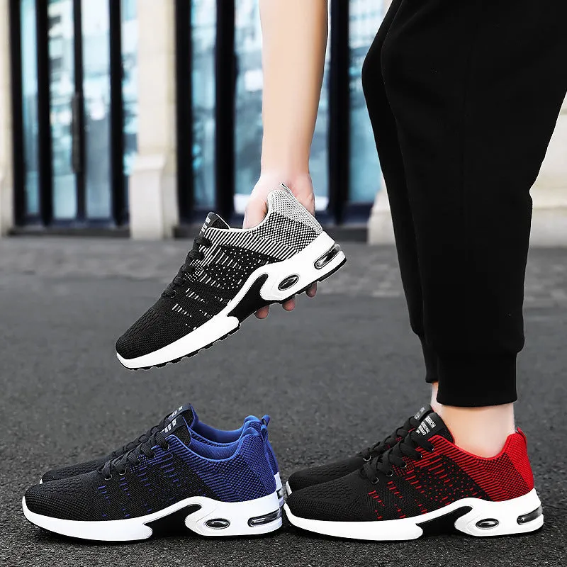 Men's low-top black and gray Flyknit mesh casual sneakers with lace-up front and round toe.