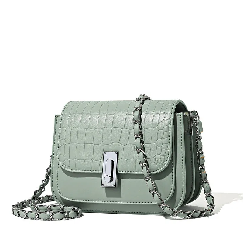 Women's soft black PU leather chain shoulder bag with a square shape and sandwich pocket.
