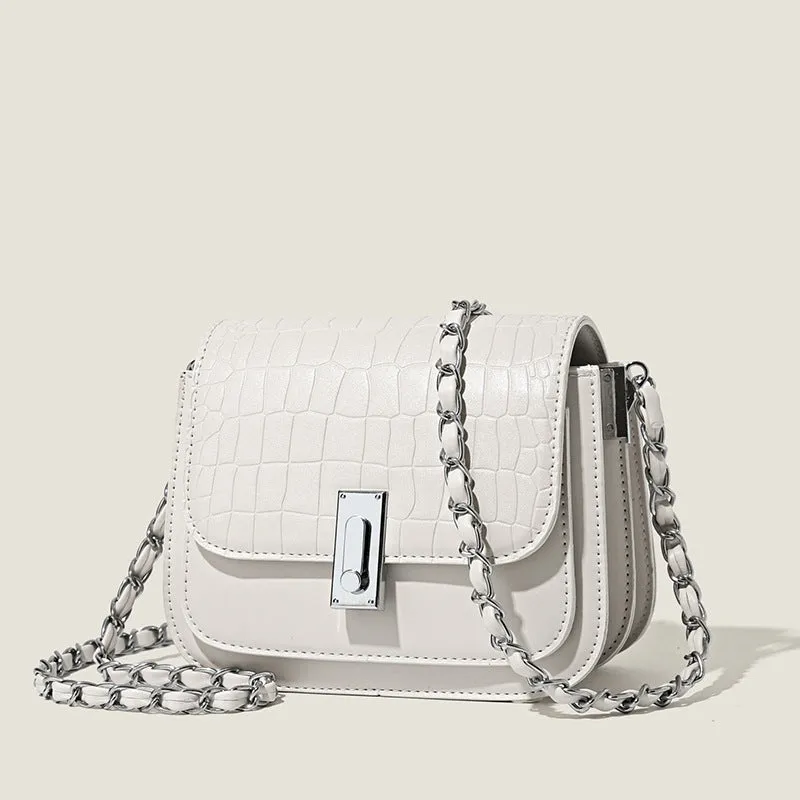 Women's soft black PU leather chain shoulder bag with a square shape and sandwich pocket.