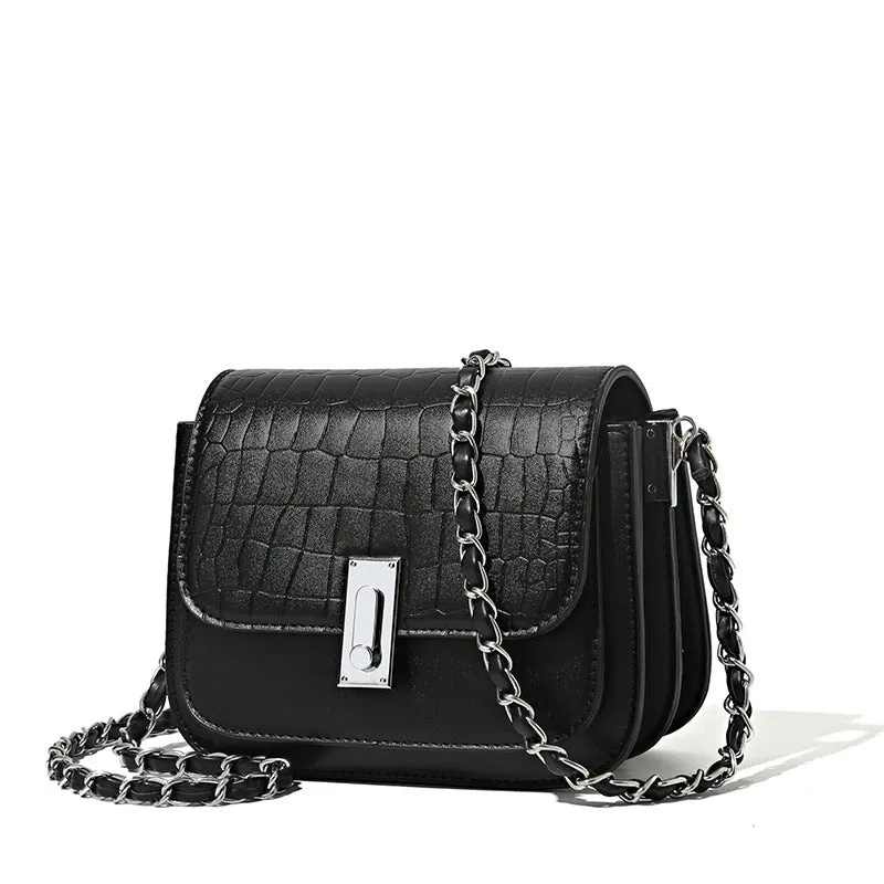 Women's soft black PU leather chain shoulder bag with a square shape and sandwich pocket.