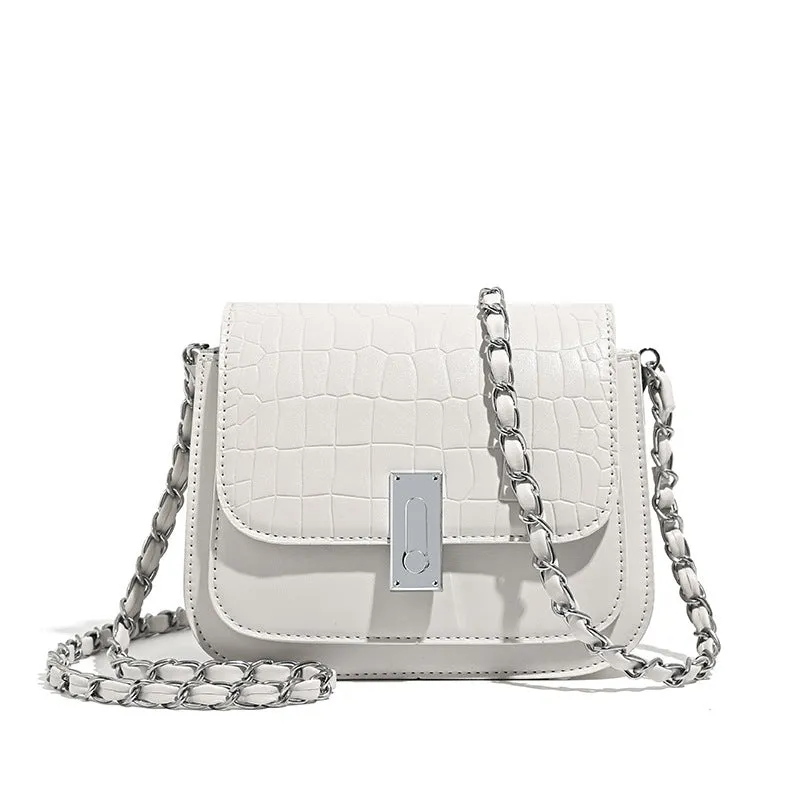 Women's soft black PU leather chain shoulder bag with a square shape and sandwich pocket.