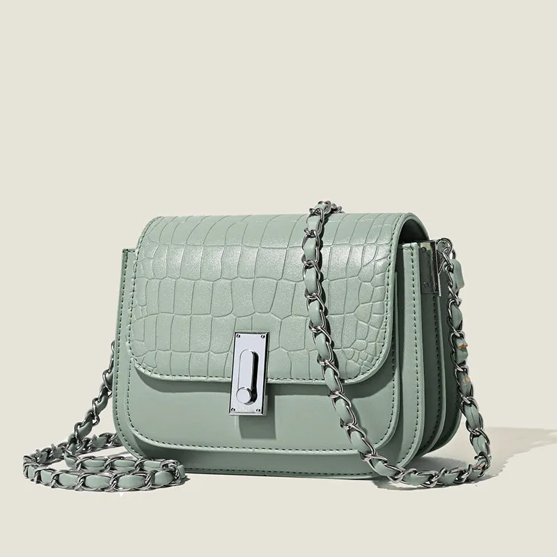 Women's soft black PU leather chain shoulder bag with a square shape and sandwich pocket.
