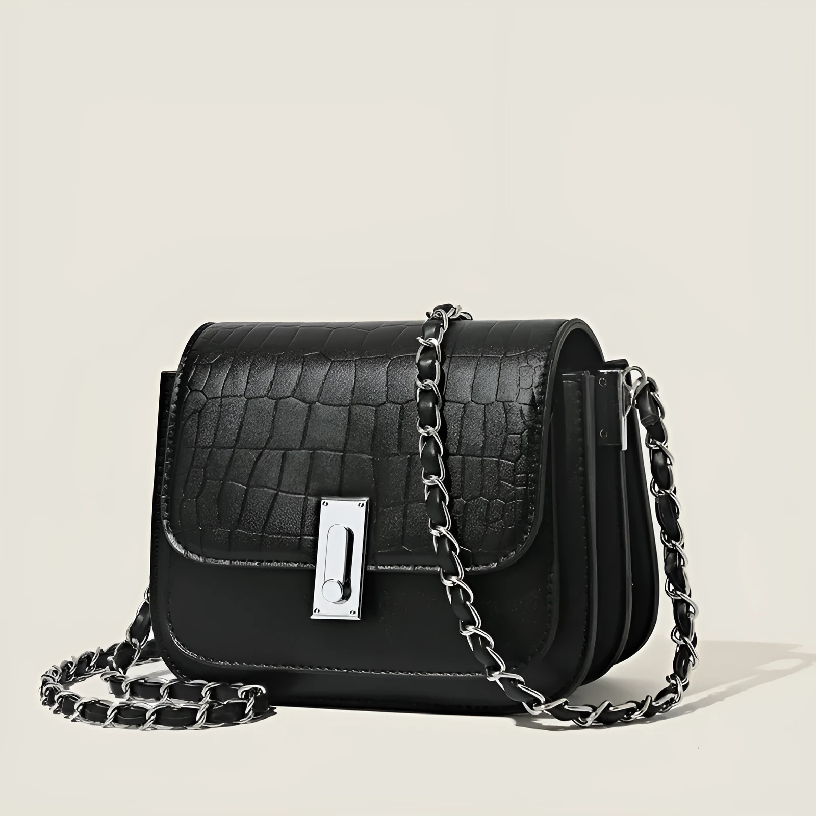 Women's soft black PU leather chain shoulder bag with a square shape and sandwich pocket.