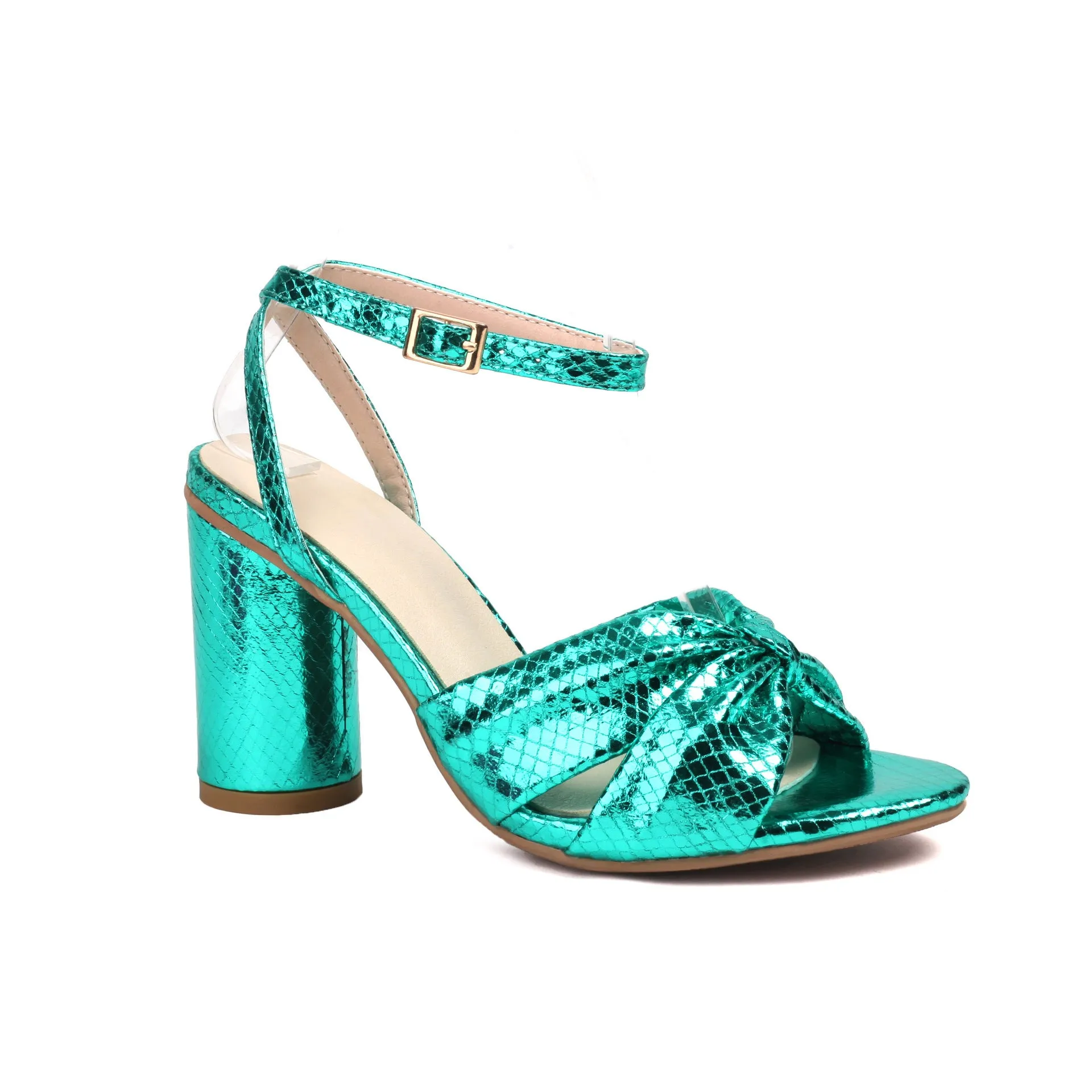 Gold women's plus-size high heel peep toe sandals with an ankle buckle strap on a white background.