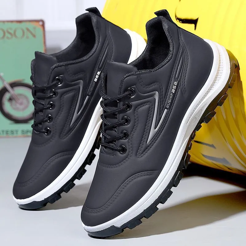 Waterproof leisure shoes with artificial PU upper in black and grey colour combination