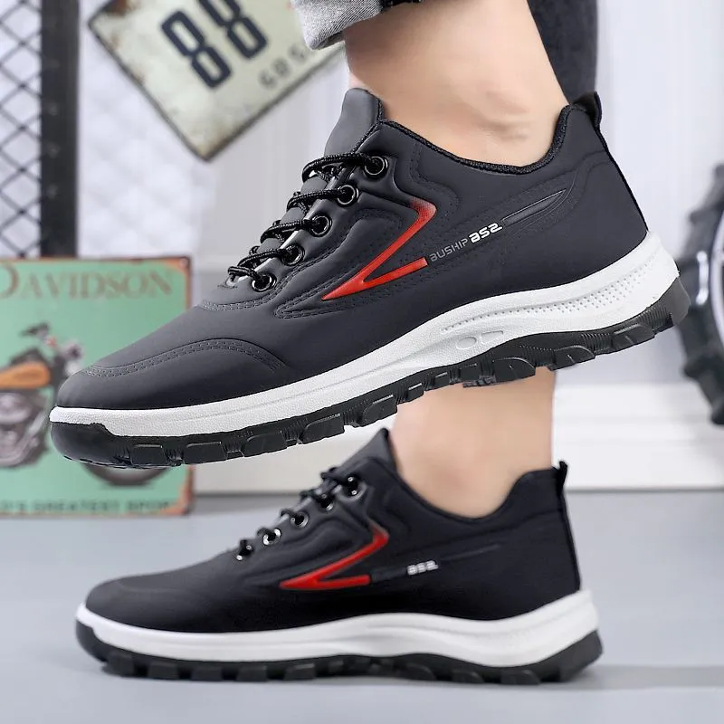 Waterproof leisure shoes with artificial PU upper in black and grey colour combination