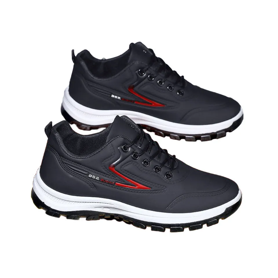 Waterproof leisure shoes with artificial PU upper in black and grey colour combination