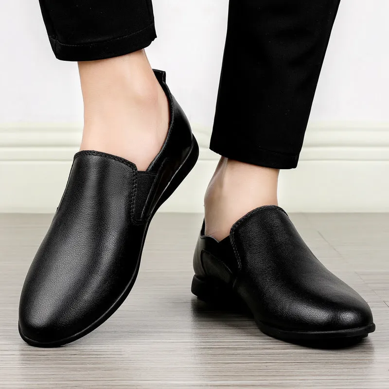 Men's black leather business casual shoes with round toe and breathable design
