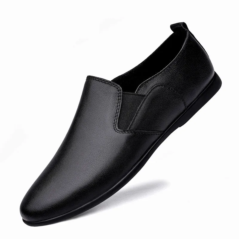 Men's black leather business casual shoes with round toe and breathable design