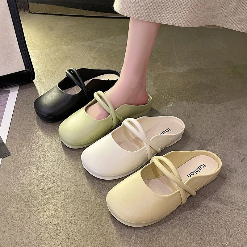 Women's plastic flip flop sandals with baotou toe design in black, beige, or green
