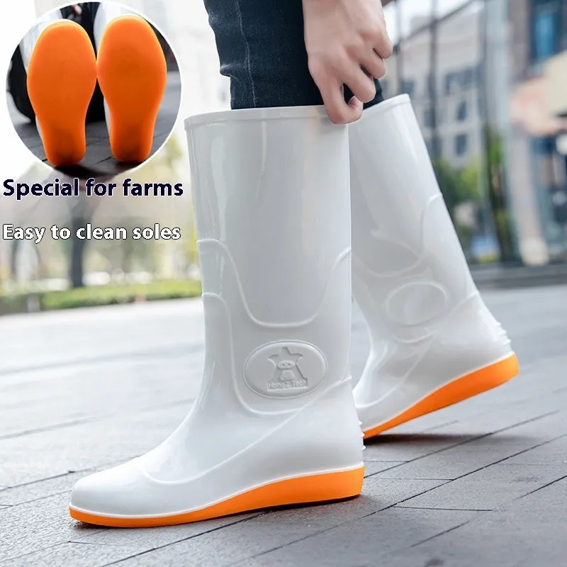 White plastic rain boots with high tube design and flat heel for outdoor labour protection