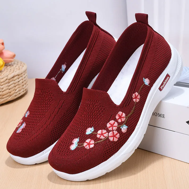 Women's embroidered floral pumps with breathable woven upper and anti-slip sole