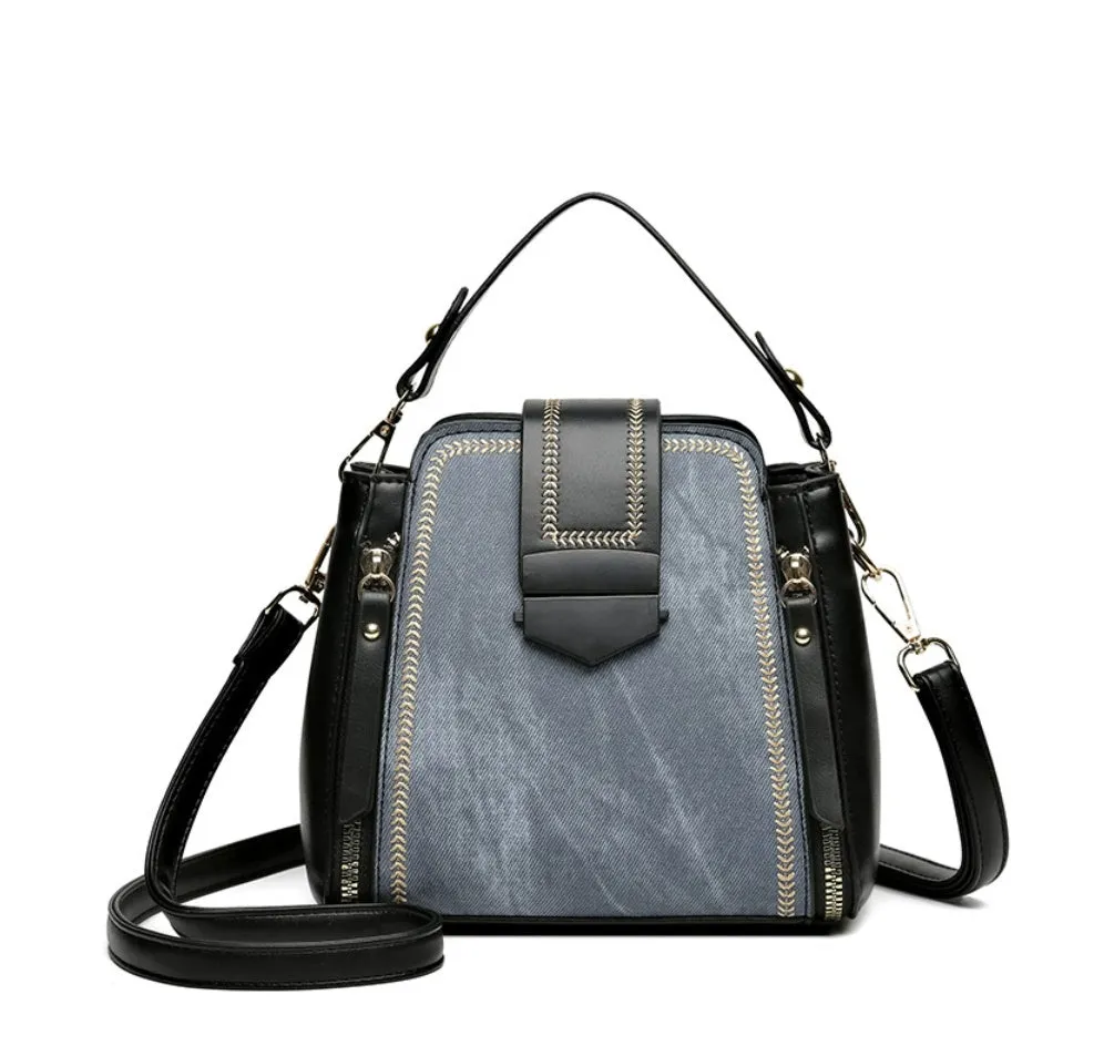 Small square vertical handbag in soft textured PU leather with zip closure and sewing thread detail