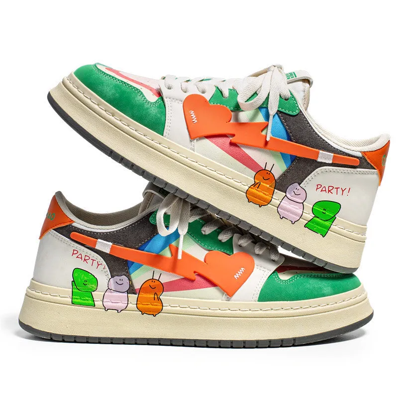 Men's simple plain lace-up sneakers in rainbow, white blue, and white rice colours on a white background.